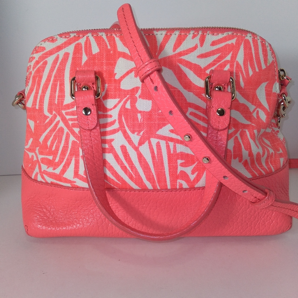 RARE Kate Spade Genuine Leather Pink & White Canvas Palm Tree Satchel Cr… - Picture 9 of 16